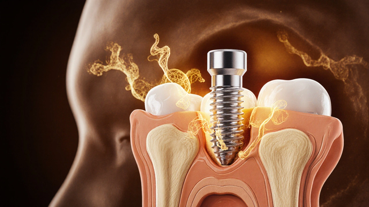 Cross-section of jawbone showing titanium implant fusing with bone tissue.
