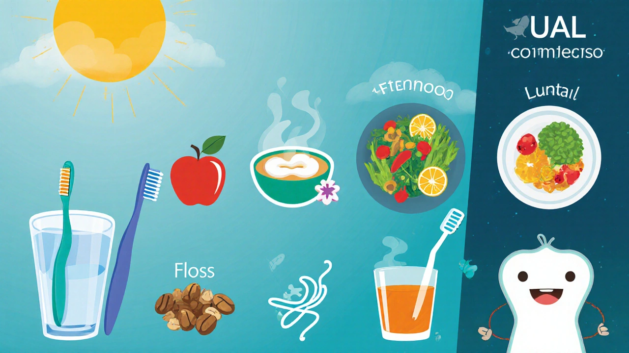 Denní rutina ústní péče: voda, čištění, kefír, zelenina, čaj, ořechy, nit a vitamín C.