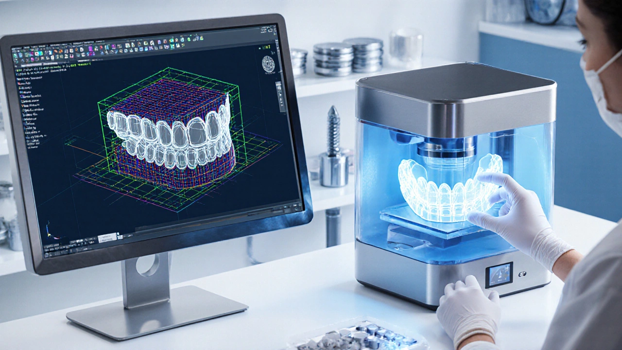 Digitální ilustrace laboratoře s CAD modelem a 3D tiskárnou korun.