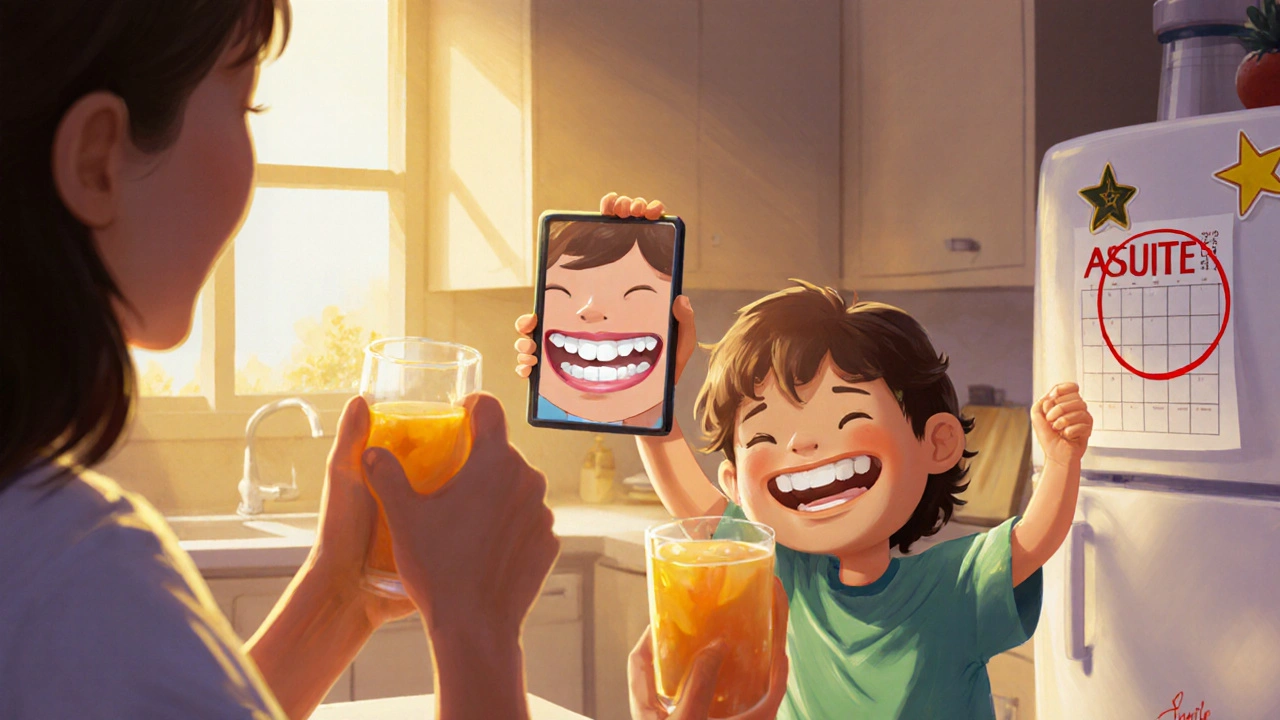 Dítě po návštěvě ukazuje čisté zuby, dostává ovoce a nálepku.