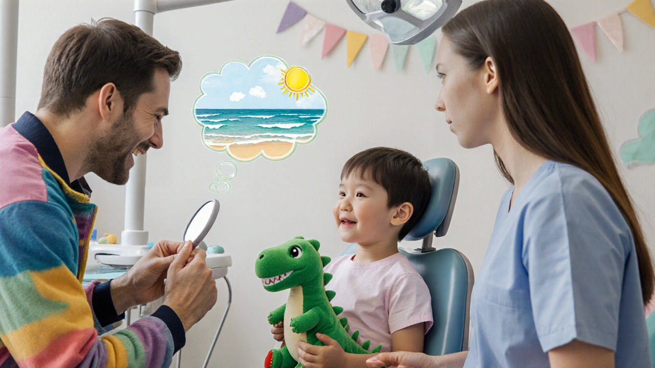 Dítě v zubní ordinaci s plyšovým kamarádem, představuje pláž.