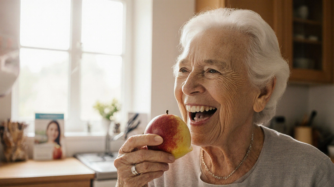 Elderly woman smiling while eating an apple after receiving a dental implant.