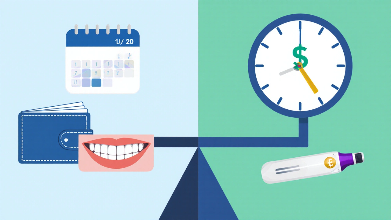 Ilustrace porovnává bělicí pásky a profesionální bělení s cenami a časem.