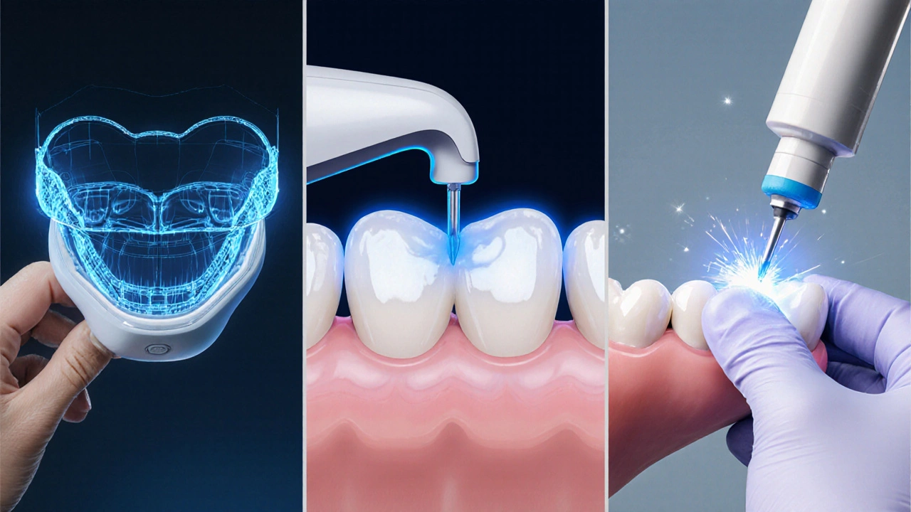 Ilustrace tří fází nasazení fazet: skenování, příprava zubu, aplikace.