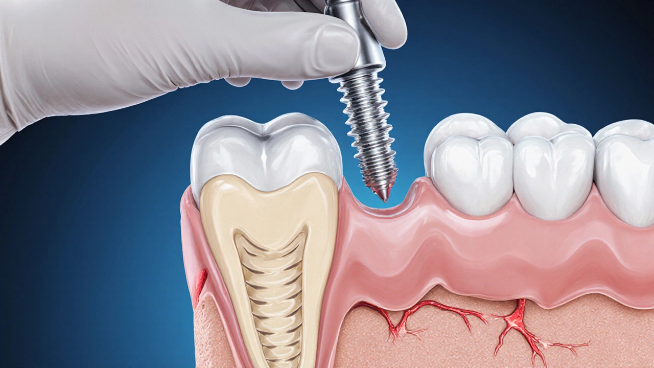 Lékař v rukavicích vkládá titánový šroub do čelistní kosti, zobrazený řezem.