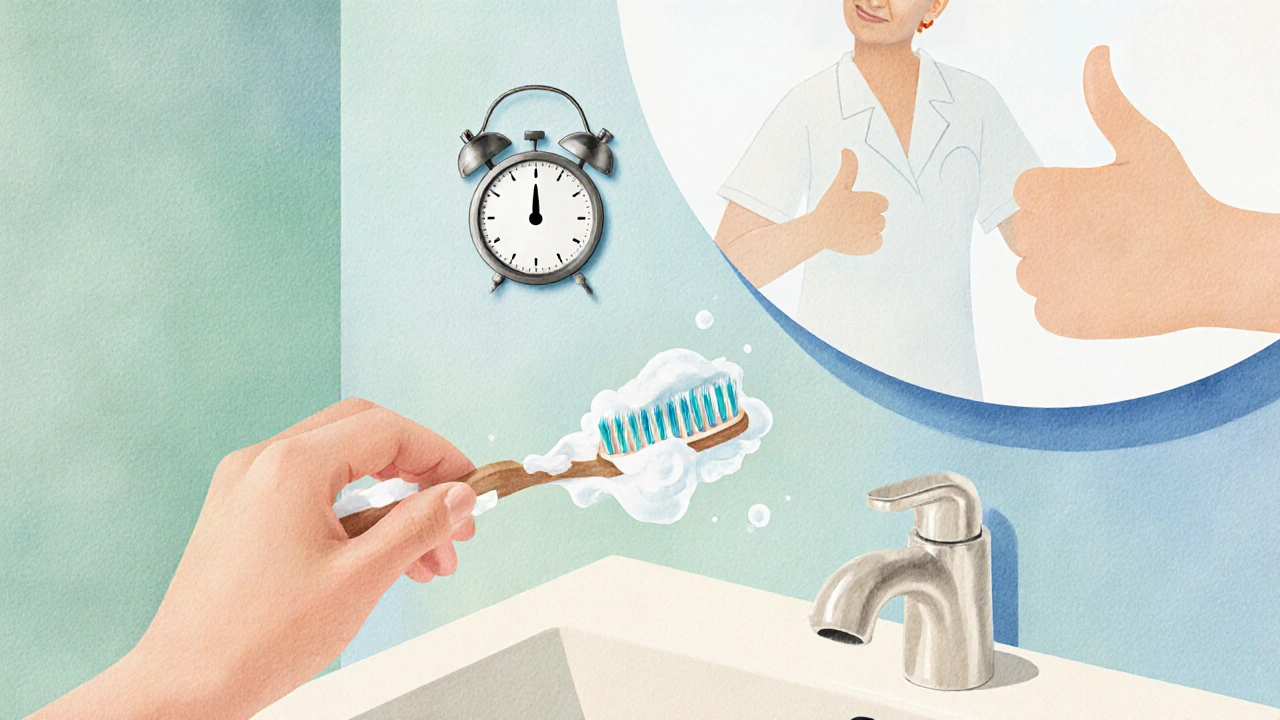 Osoba čistě čistí zuby krouživým pohybem, v pozadí dentista povzbuzuje.