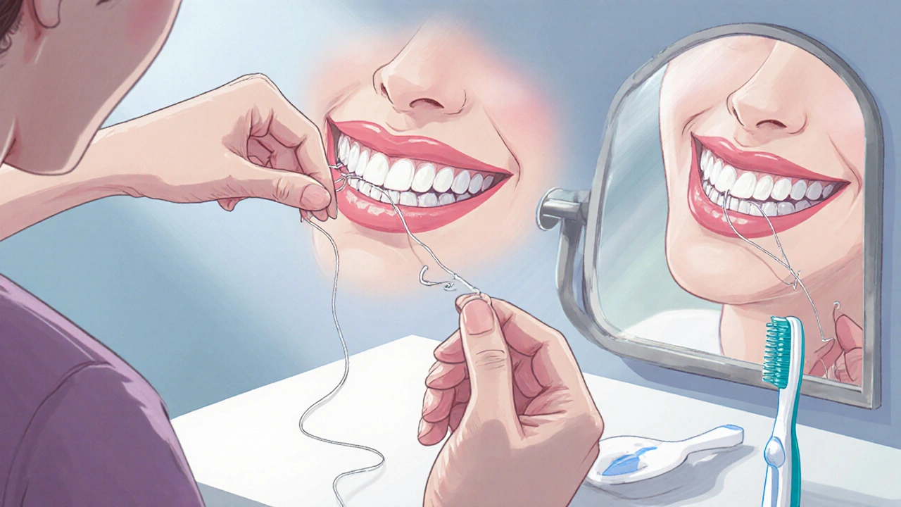 Ruka jemně používá zubní nit mezi zuby pod dásně.