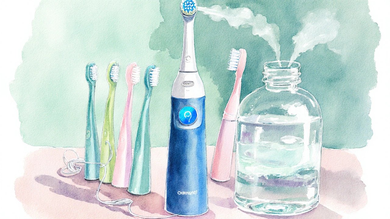 Sada dentální hygieny – elektrický kartáč, mezizubní kartáčky, dentální nit a ústní voda na podlaze.
