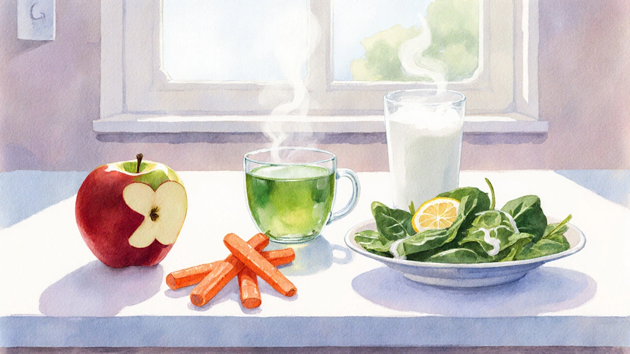 Stolní scéna s jablkem, zeleným čajem, kefírem, mrkví a špenátem s citronem.