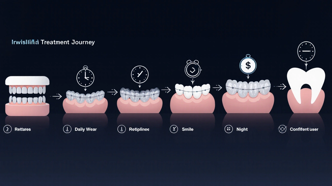 Timeline illustration showing Invisalign treatment progress from scan to final smile.