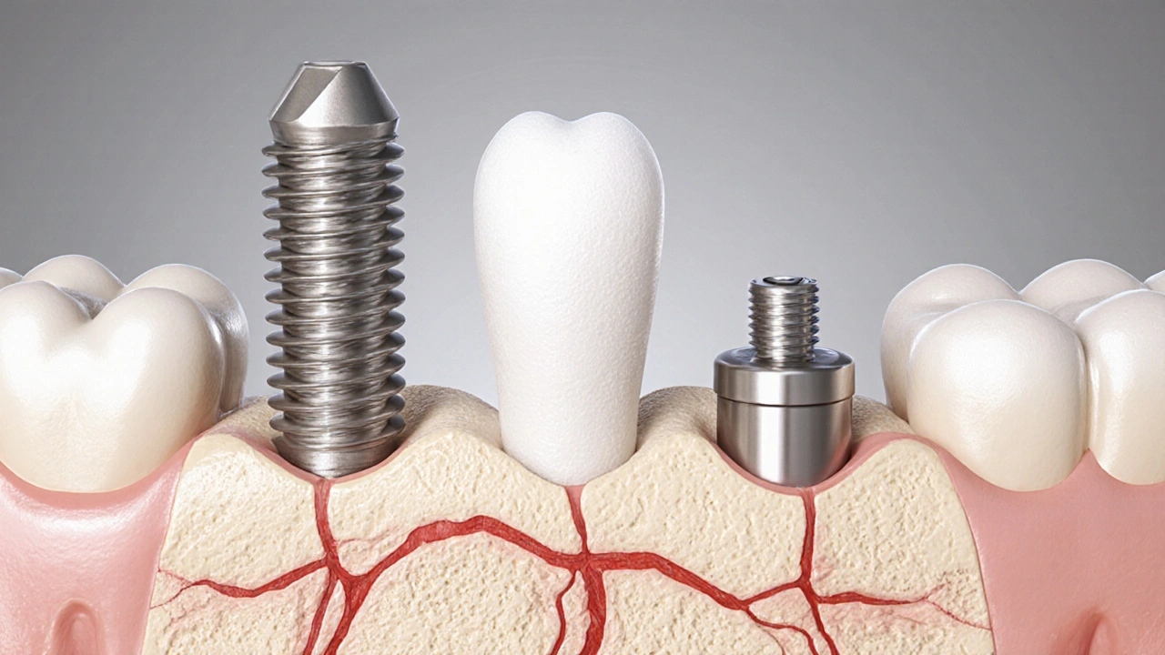 Vedle sebe zobrazeny tři typy zubních implantátů v řezu čelistí.