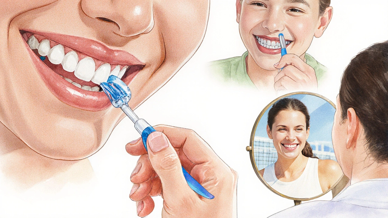 Zákazník čistí fazety zubní kartáčkem a nosí chránič při sportu.