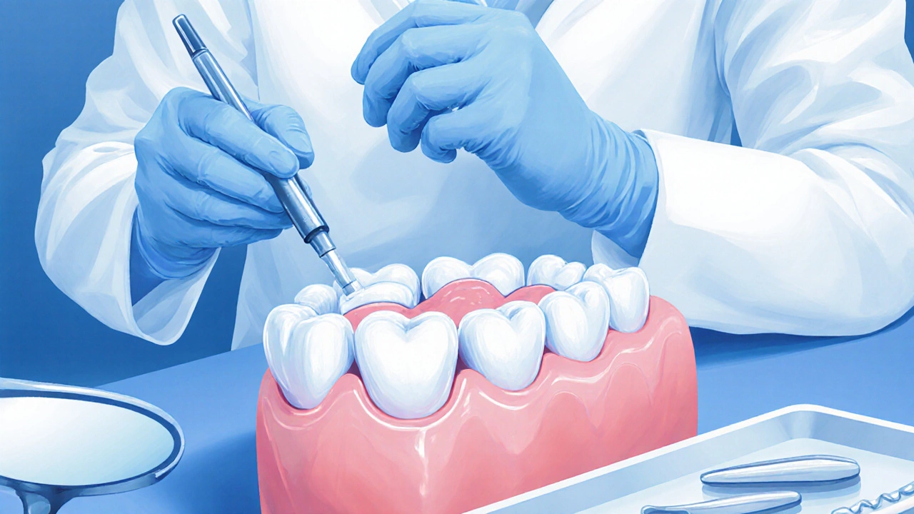 Zubař aplikuje fluoridový gel a sealant na poškozený zub.