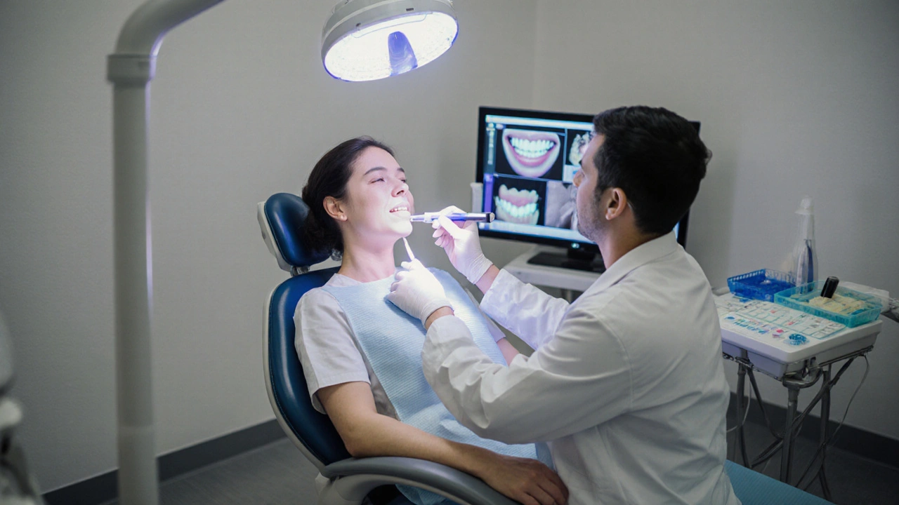 Zubař provádí profesionální bělení zubů s LED lampou v klinice.