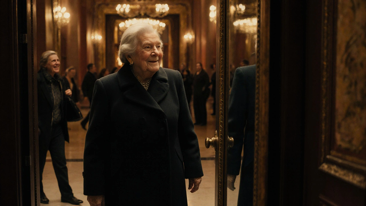 68letá žena vstupuje do divadla, smířená a klidná, s přirozeným výrazem tváře.