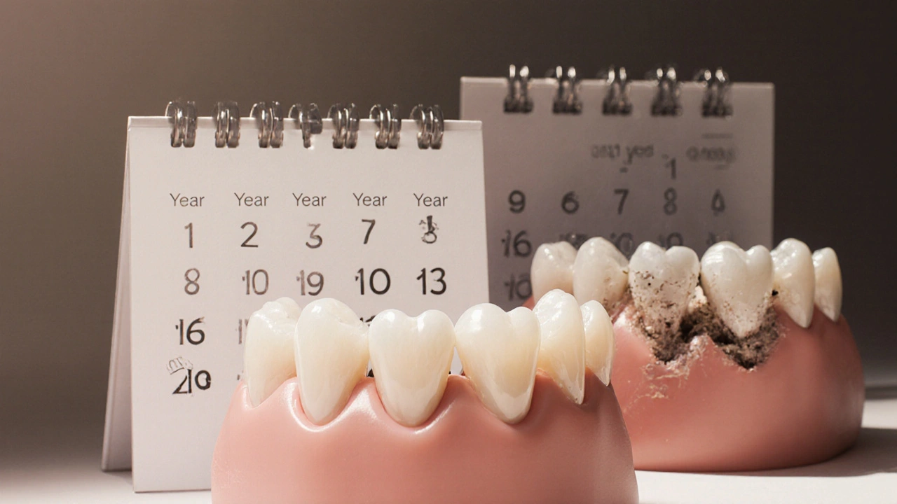 A durable zirconia crown lasting 15 years versus a crumbling cheap crown after only three years, symbolizing long-term value.
