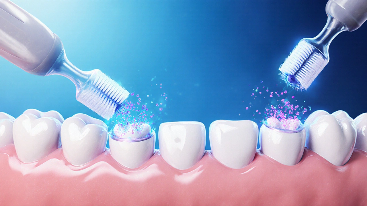 Abstraktní znázornění odstraňování plaku mezizubními kartáčky z dásní.