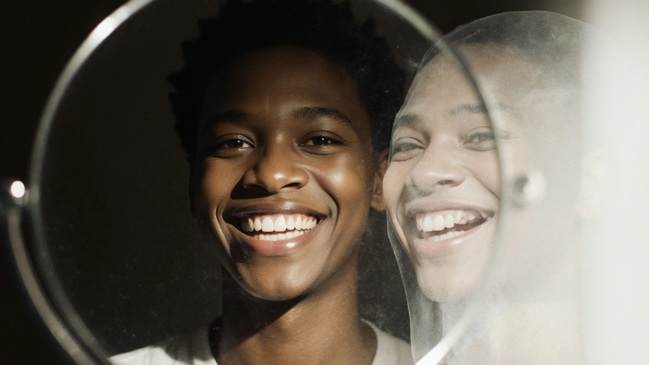 Člověk se směje do zrcadla, s průhledným překryvem původní a správné pozice zubů.