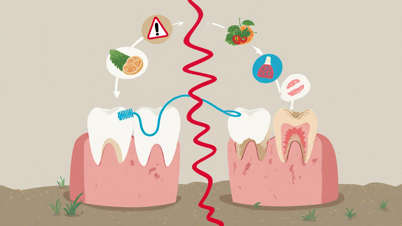 Cyklus zubního kazu: zdravé zuby vs. ztracený zub a měkká strava