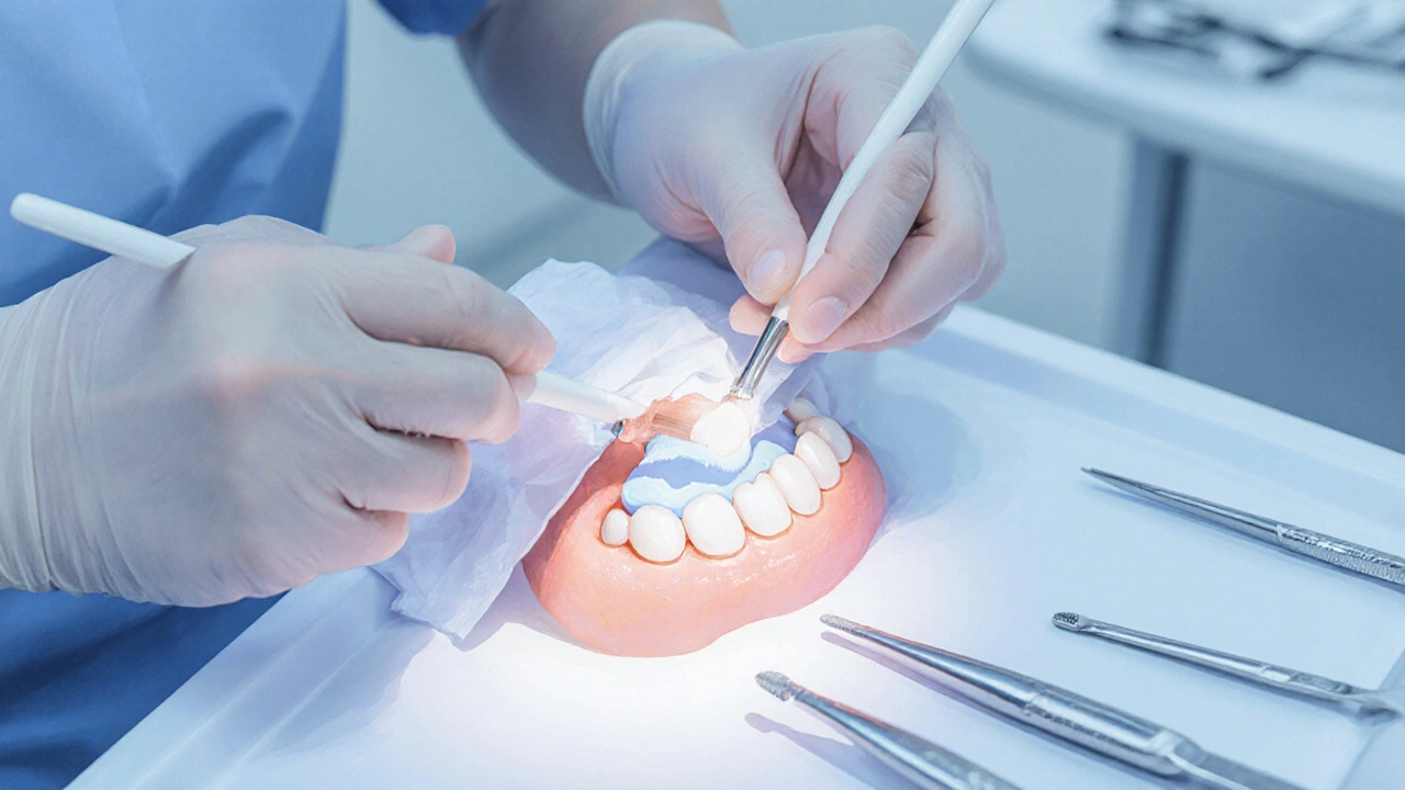 Dentista aplikuje kompozit na přední zub v klinice