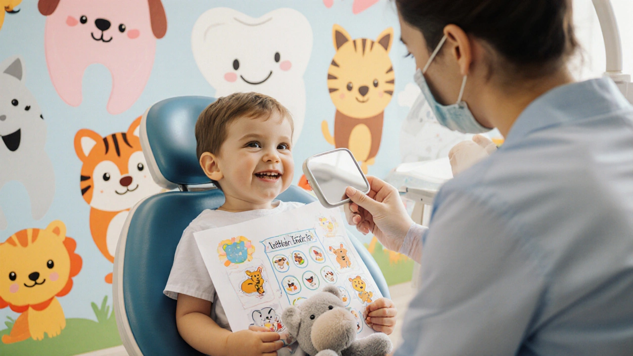 Dítě s nálepkovou mapou zubů sedí v zubním křesle a drží hračku, zubní lékař mu jemně kontroluje zuby.