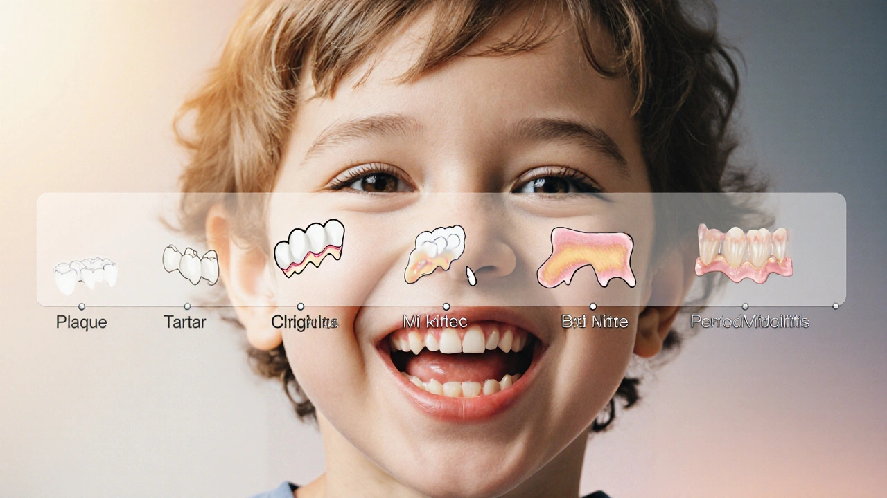 Dítě se usmívá, ale jeden zub je volný, zatímco dásně kolem něj jsou zánětlivé a odstupují.