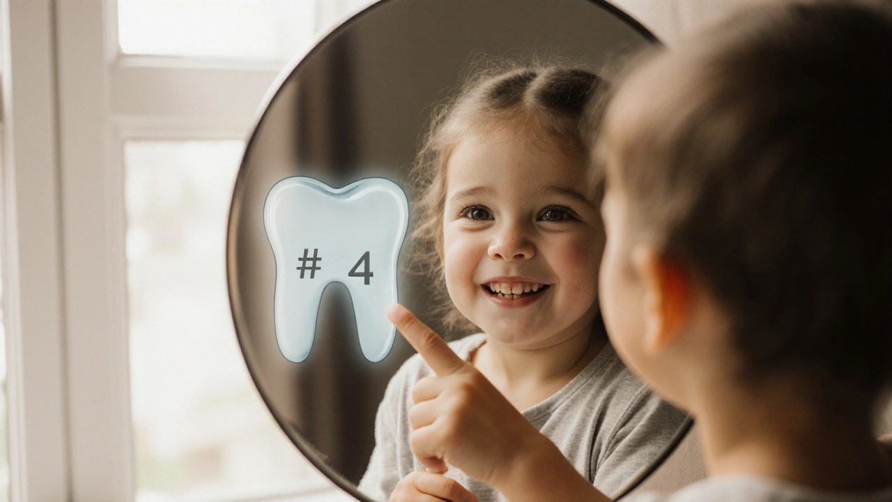 Dítě ukazuje na zub č. 14 v zrcadle s přehledem zubního označení.