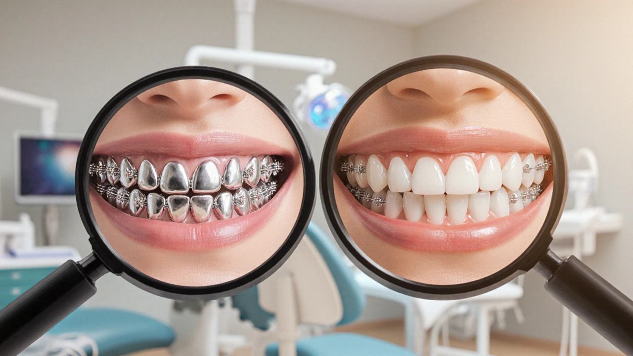 Dva modely zubů: kovová a keramická rovnátka vedle sebe pod zvětšovacím sklem.