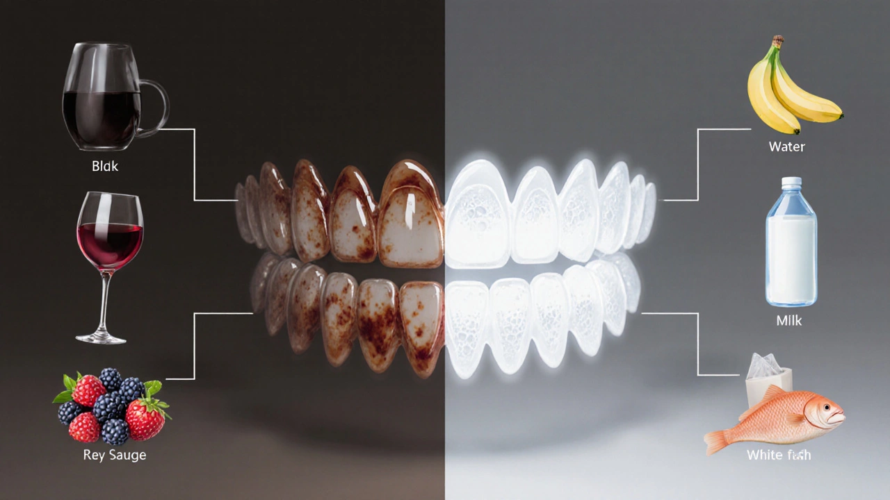 Dva světy potravin: tmavé barviva a bezpečné bílé potraviny vedle zubů po bělení.