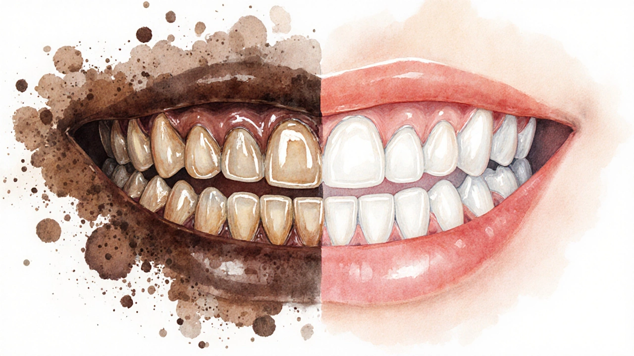 Dvě sady zubů: tmavé znečištěné a bílé po očištění a bělení.