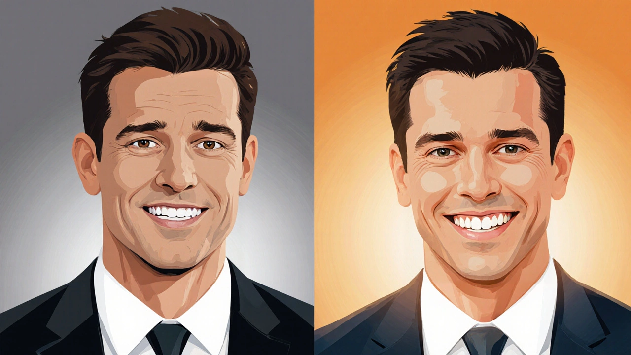 Dvě verze muže: jeden s nejistým výrazem, druhý s plným úsměvem – symbol změny v profesionální sebedůvěře.