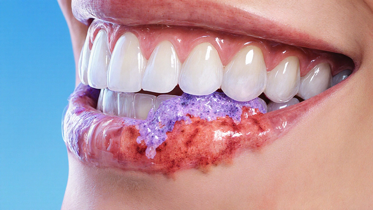 Ilustrace bakteriálního plaku a odtahujících se dásní.