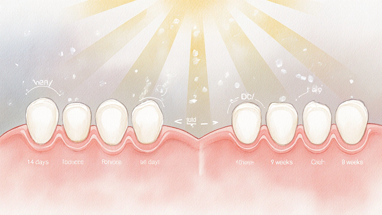Ilustrace vývoje zubů pod dásněmi s různými časovými intervaly.