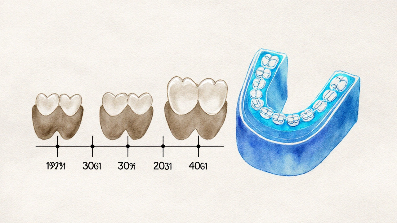 Ilustrace zubů, které se pomalu vrací do původní křivosti bez fixace.