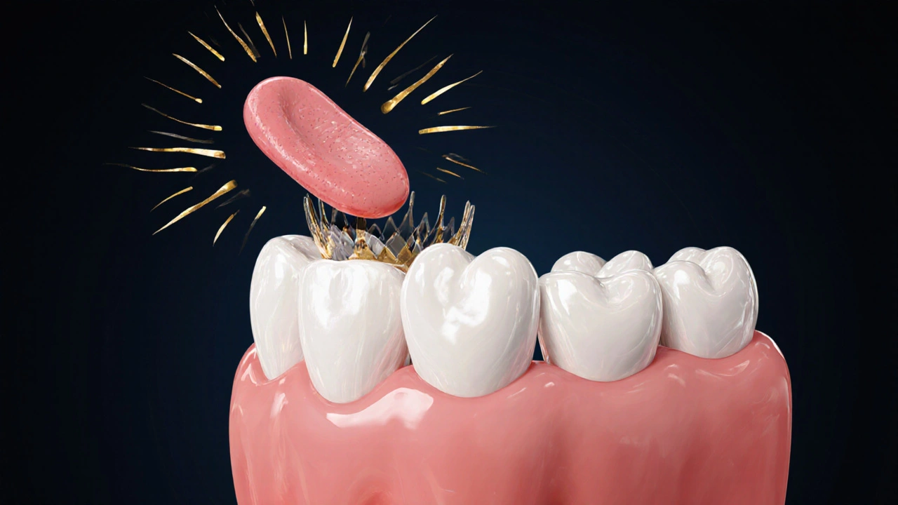 Jazyk se přibližuje ke zirkonové korunce, symbolizující přizpůsobení mozku.