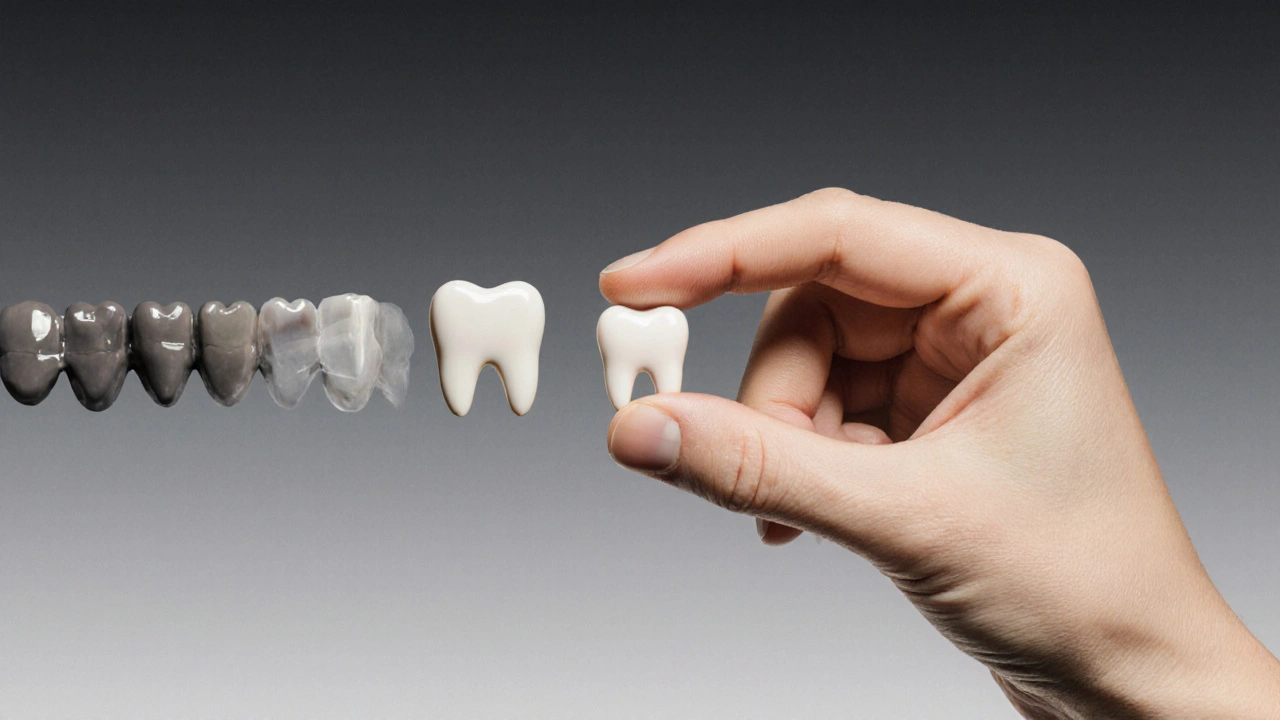 Keramický ortodontický záclon vedle přirozeného zubu s přechodem od špatného k správnému seřízení.