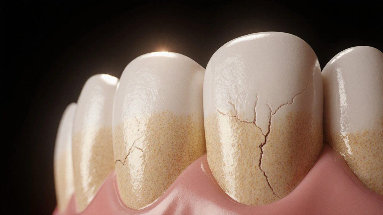 Mikroskopický pohled na strukturu keramické korunky s náznaky zbarvení na hraně.