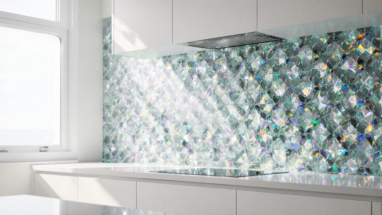 Moderní kuchyně s fazetovanou skleněnou podložkou, která rozptyluje sluneční světlo.