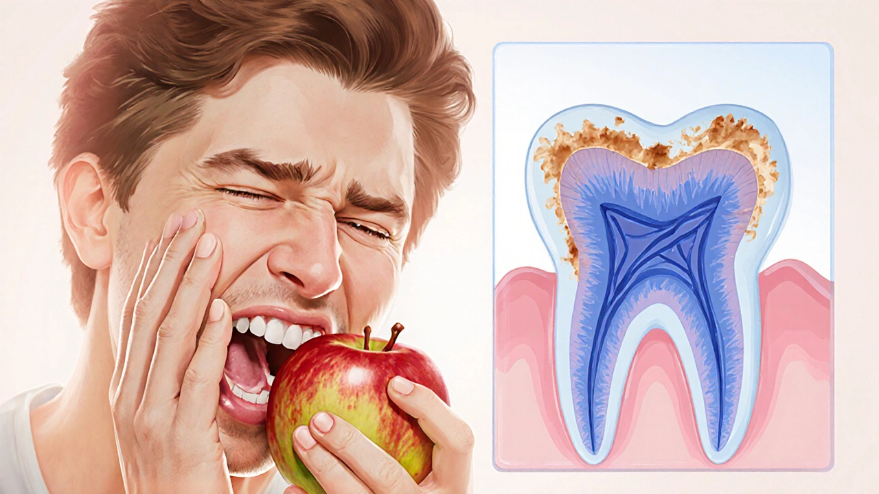 Osoba cítí bolest při kousnutí jablka, viditelný vnitřní poškození zubu