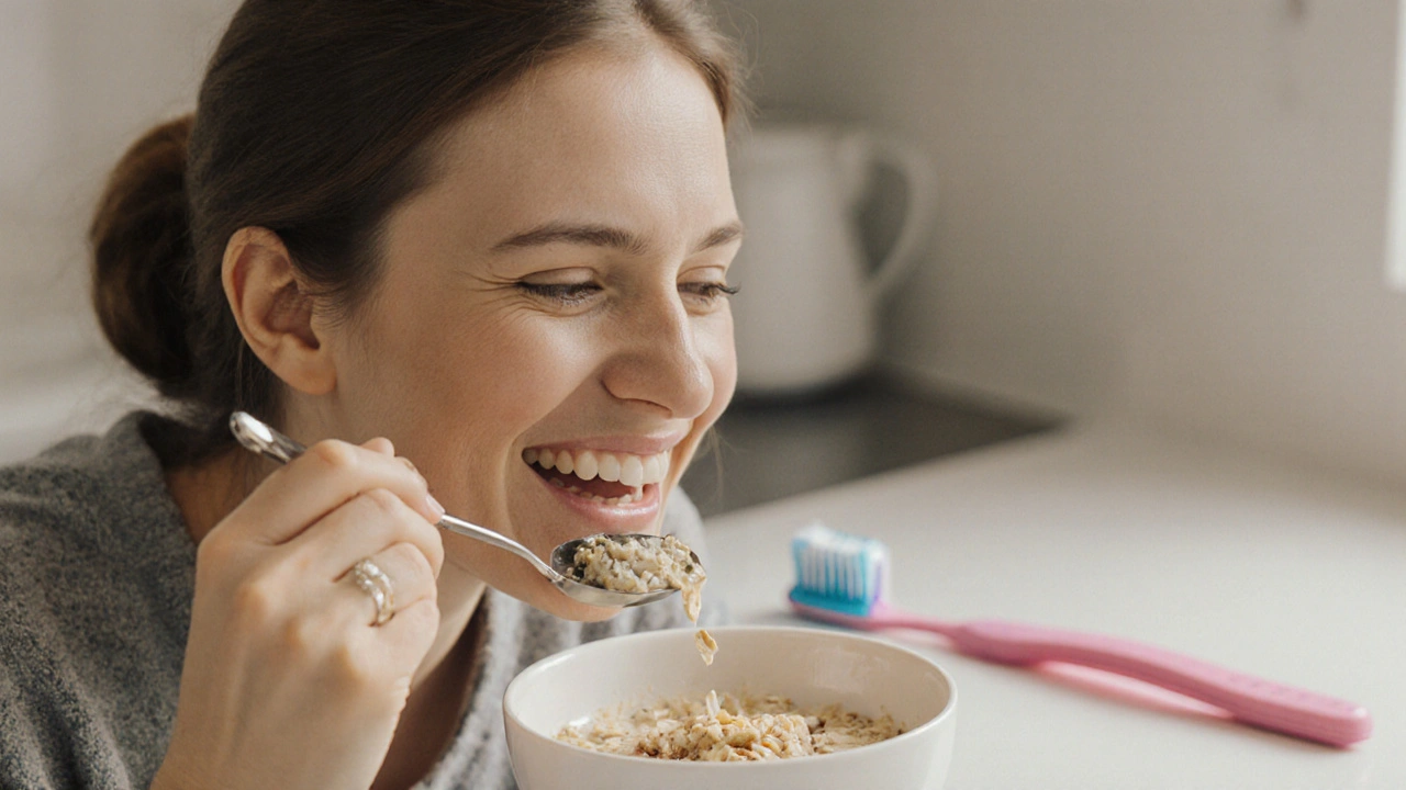 Osoba klidně jí kaši, již se k korunce zvykla a necítí nepohodlí.