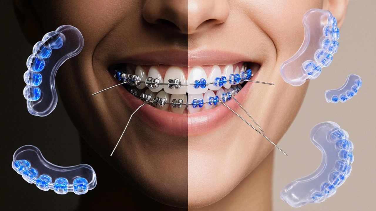 Porovnání starých kovových a moderních neviditelných ortodontických řešení.
