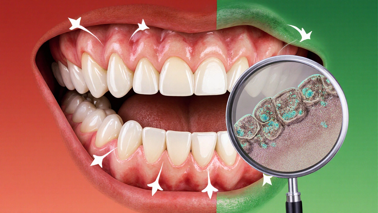 Porovnání zdravé a poškozené čelisti s protézou a bakteriemi.