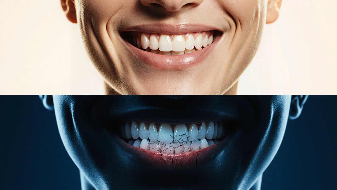 Porovnání zdravého úsměvu s rozkládajícím se zubním kamenem pod dásněmi.