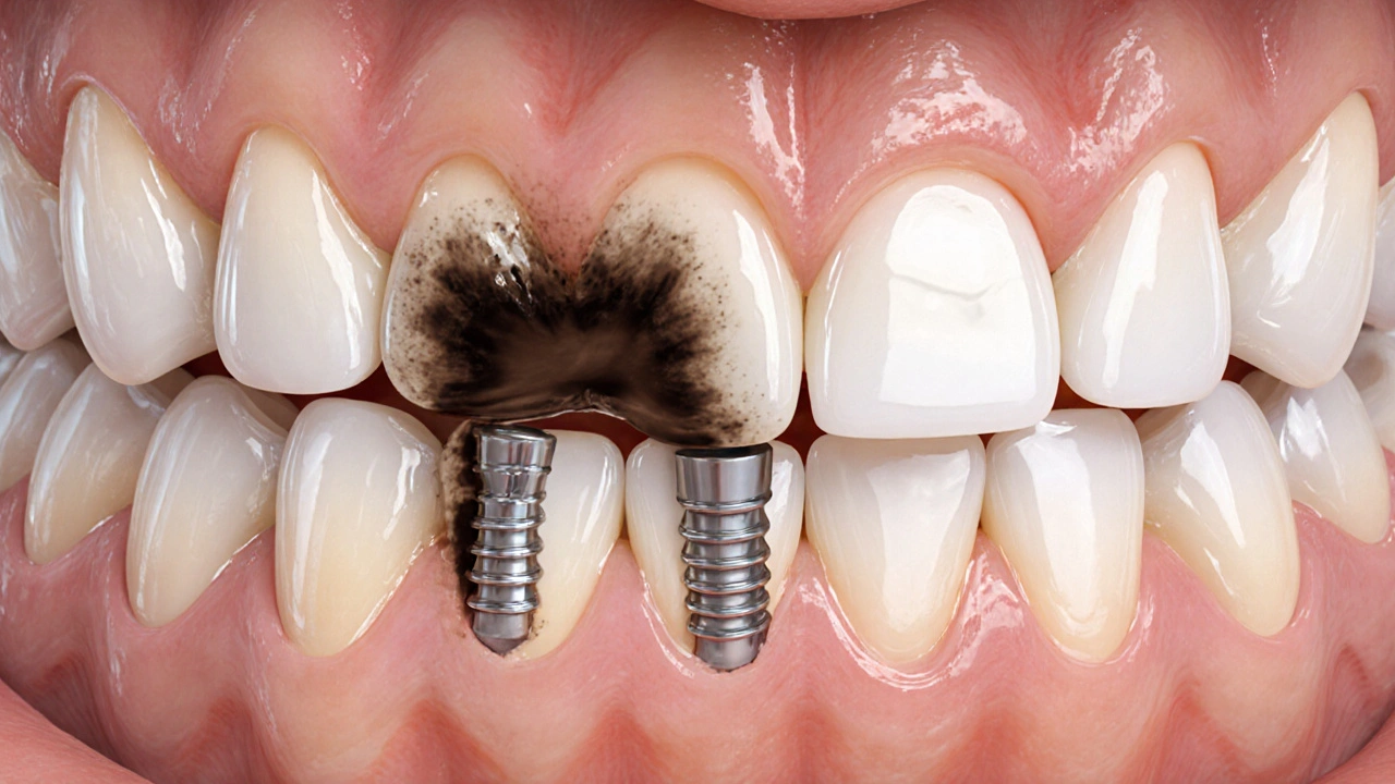 Příčný řez zubu s kovovou muškou zastavující zubní kaz.