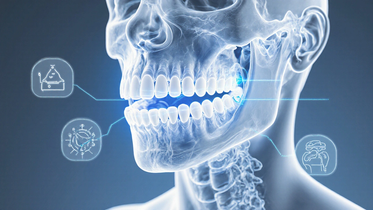 Průřez čelistí s pohybem zubů podle digitálního plánování.