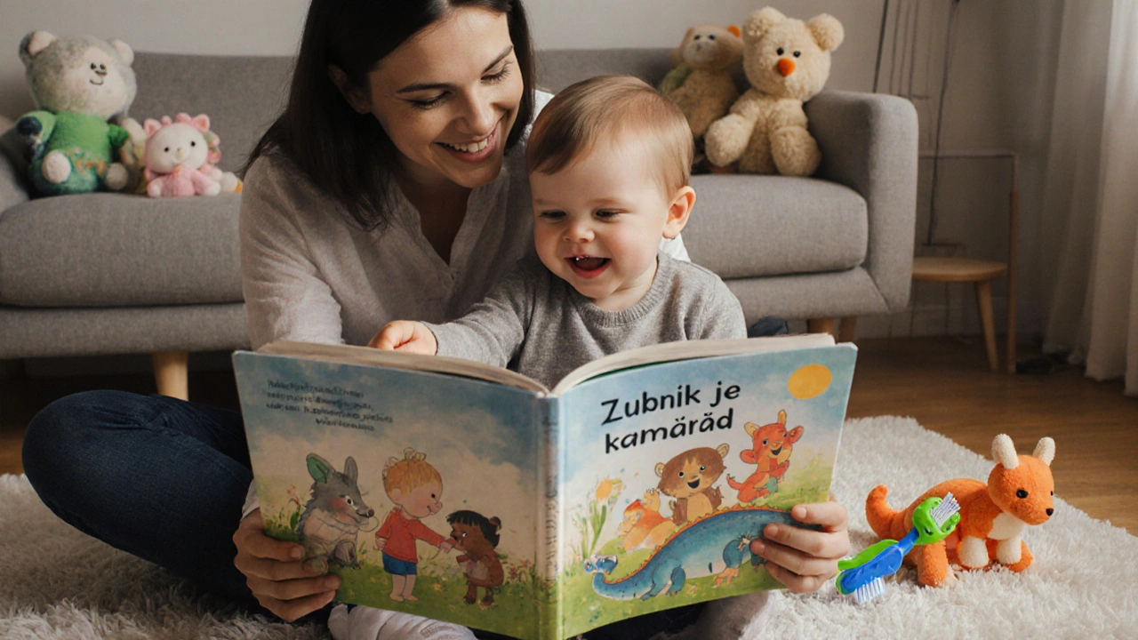 Rodič a dítě čtou knihu o zubním lékaři v pohodlném prostředí doma, kolem nich hračky.