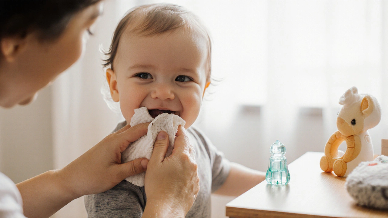 Rodič jemně masíruje dásně dítěte čistým hadříkem.