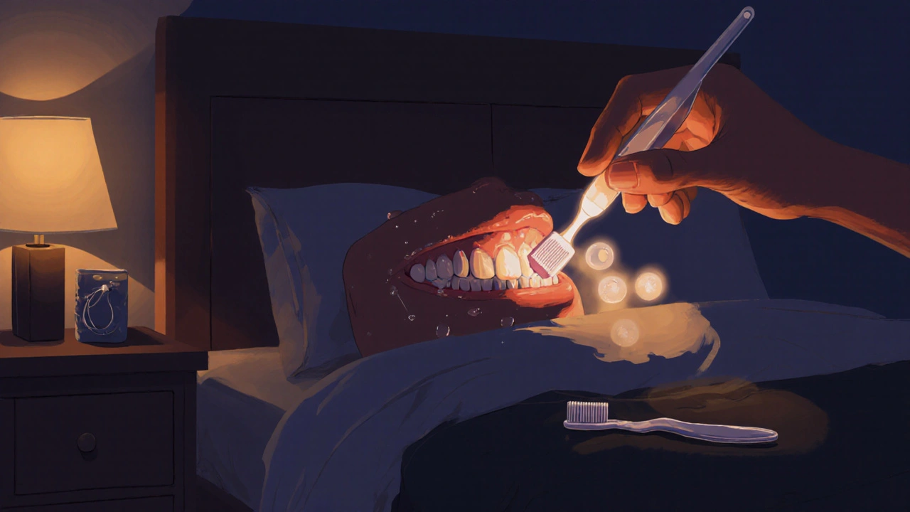 Ruka provádí jemný boční pohyb mezizubním kartáčkem ve večerním prostředí.