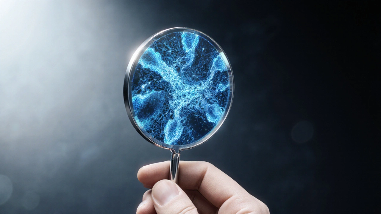 Ruka s dentálním zrcátkem zobrazující mikroskopické detaily zubního kazu a plaku.