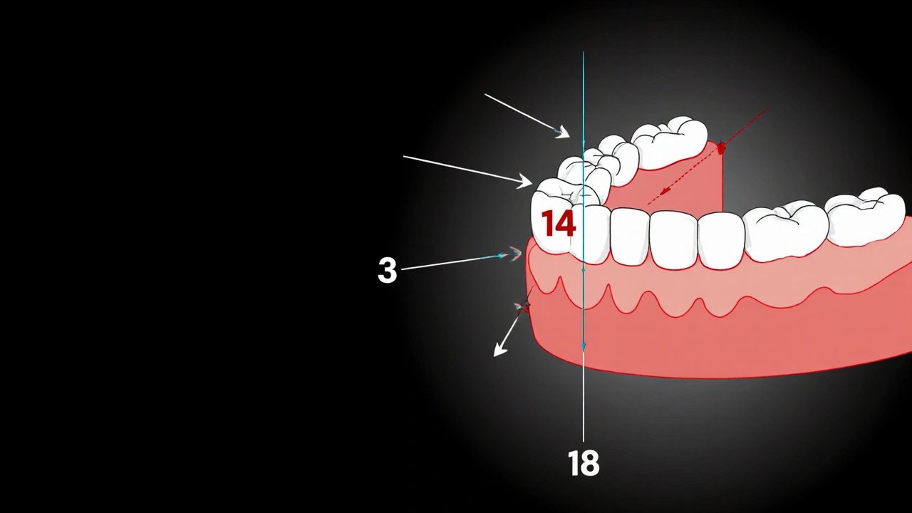 Schéma zubního označovacího systému FDI s označeným zubem 14 v horní pravé čelisti.